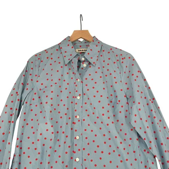 Boden Sienna Shirt 10 US Blue Red Polka Dot Button Up Cotton Classic Long Sleeve - Picture 4 of 13
